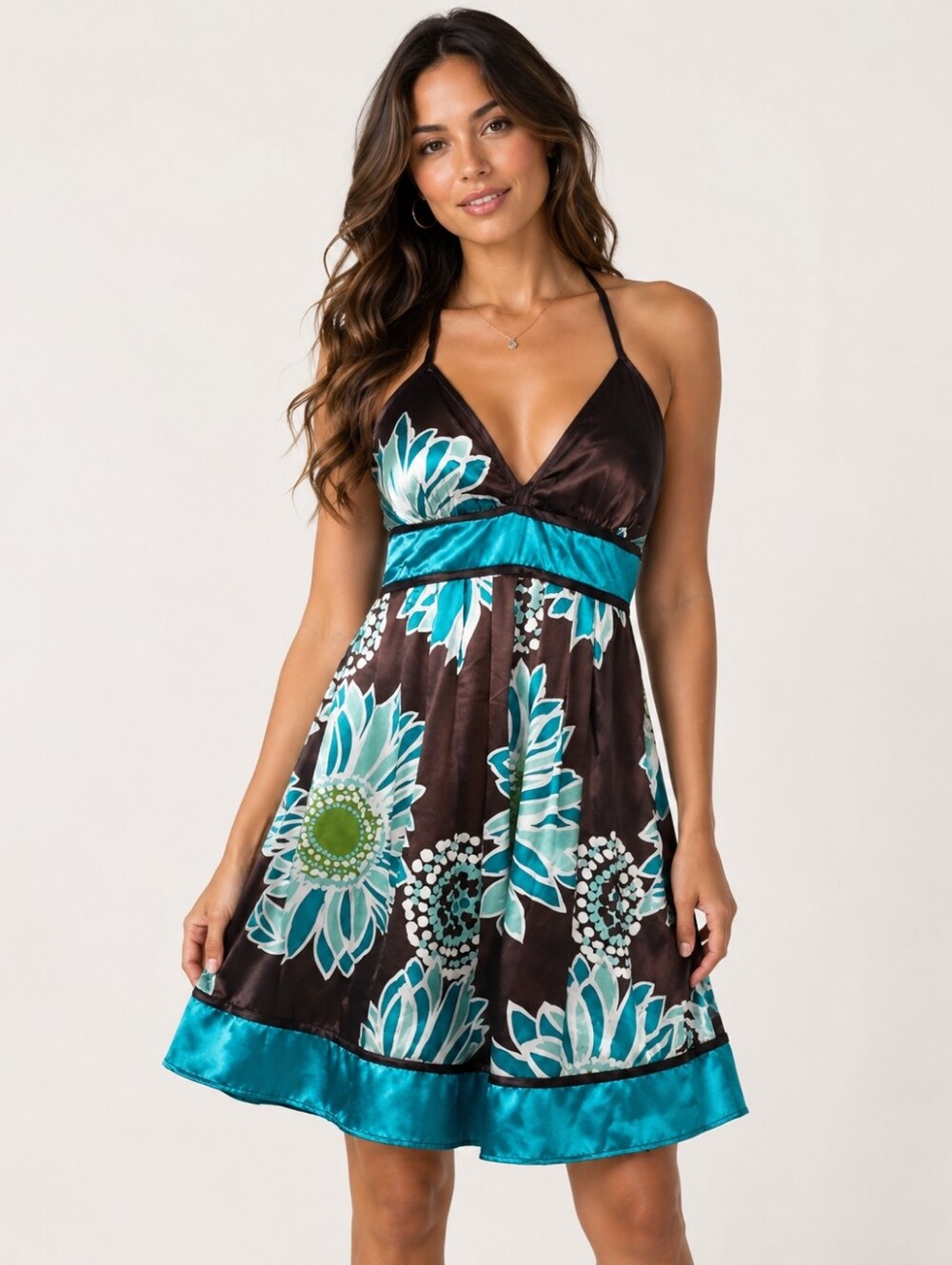 NWT BWear Halter Floral Print Dress Brown Turquoise Size 13 Juniors